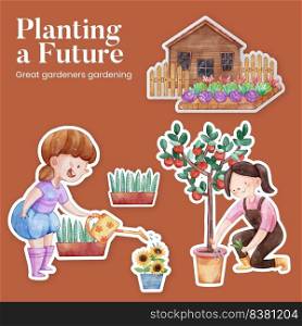 Sticker template with gardening home concept,watercolor style
