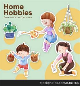 Sticker template with gardening home concept,watercolor style 