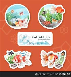 Sticker template with gold fish concept,watercolor style. 