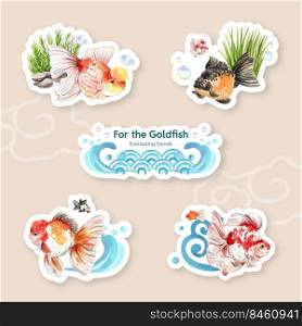 Sticker template with gold fish concept,watercolor style. 