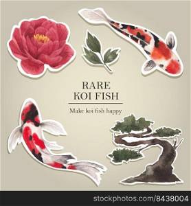 Sticker template with koi fish concept,watercolor style. 