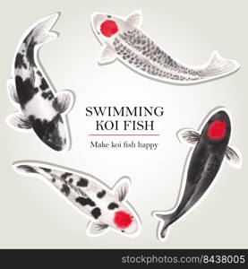 Sticker template with koi fish concept,watercolor style. 