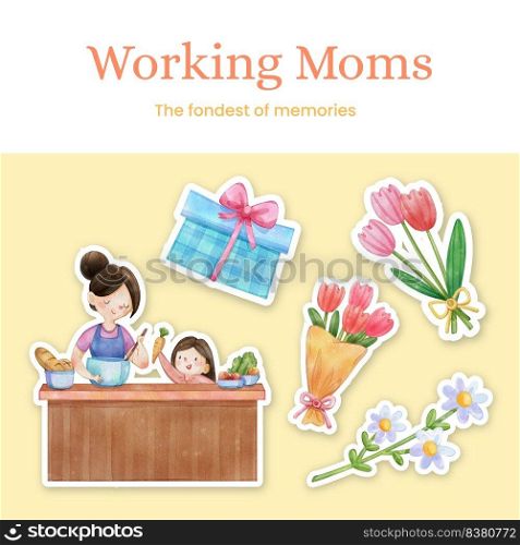 Sticker template with love supermom concept,watercolor style
