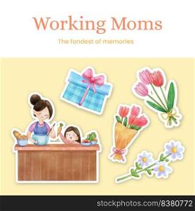 Sticker template with love supermom concept,watercolor style
