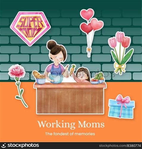 Sticker template with love supermom concept,watercolor style 