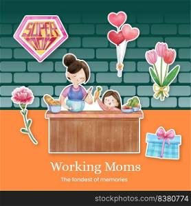 Sticker template with love supermom concept,watercolor style 