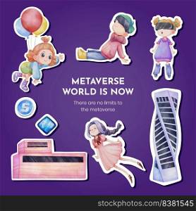 Sticker template with metaverse technology concept,watercolor style  