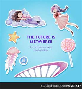 Sticker template with metaverse technology concept,watercolor style  