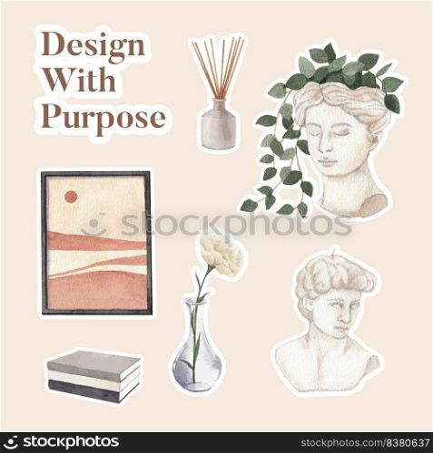 Sticker template with nordic antique home concept,watercolor style  