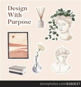 Sticker template with nordic antique home concept,watercolor style  