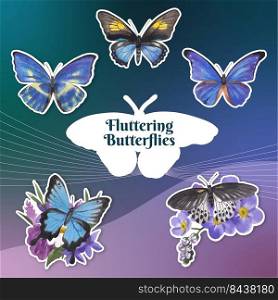 Sticker template with purple and blue butterfly concept,watercolor style 