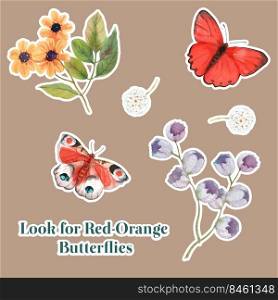 Sticker template with red and orange butterfly concept,watercolor style 