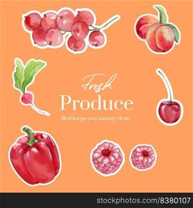 Sticker template with red fruits and vegetable concept,watercolor style
