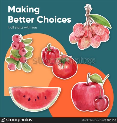 Sticker template with red fruits and vegetable concept,watercolor style
