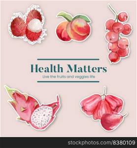 Sticker template with red fruits and vegetable concept,watercolor style 