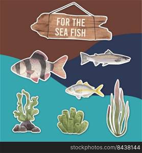 Sticker template with sea fish concept,watercolor style. 