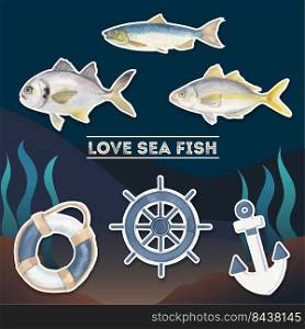 Sticker template with sea fish concept,watercolor style. 
