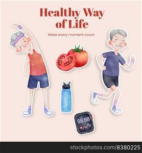 Sticker template with senior health fitness concept,watercolor style  