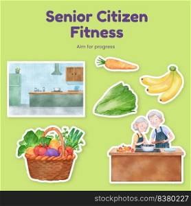 Sticker template with senior health fitness concept,watercolor style  