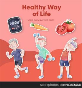 Sticker template with senior health fitness concept,watercolor style

