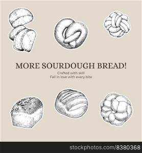 Sticker template with sourdough concept,sketch drawing style 