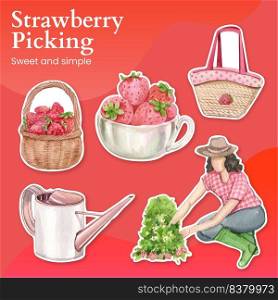 Sticker template with strawberry harvest concept,watercolor style  