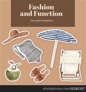 Sticker template with summer outfit fashion concept,watercolor style 