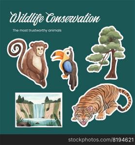 Sticker template with tropical wildlife concept,watercolor style 