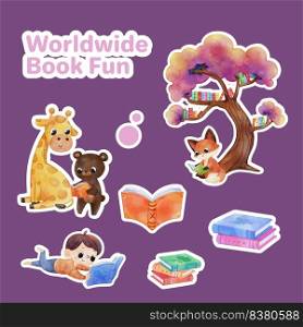 Sticker template with world book day concept,watercolor style 