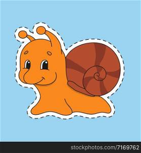 Sticker with contour. Snail mollusk. Cartoon character. Colorful vector illustration. Isolated on color background. Template for your design.