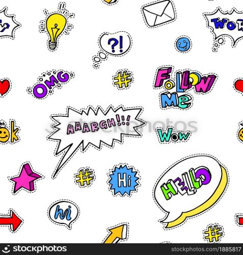 Stickers and icons, phrases and slang words used in social media, seamless pattern. Envelope letter and glowing bulb, question mark and heart, arrow and smiling face. Star and chat box vector. Social media slang and signs, icons and emoji stickers