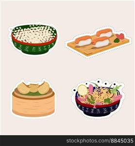 Stickers Asian eat food. Vector illustration. Rice, sushi, Chinese dumplings, wok noodles. Design for restaurant, cover, menu, postcards, print stickers. Stickers Asian eat food. Vector illustration. Rice, sushi, Chinese dumplings, wok noodles