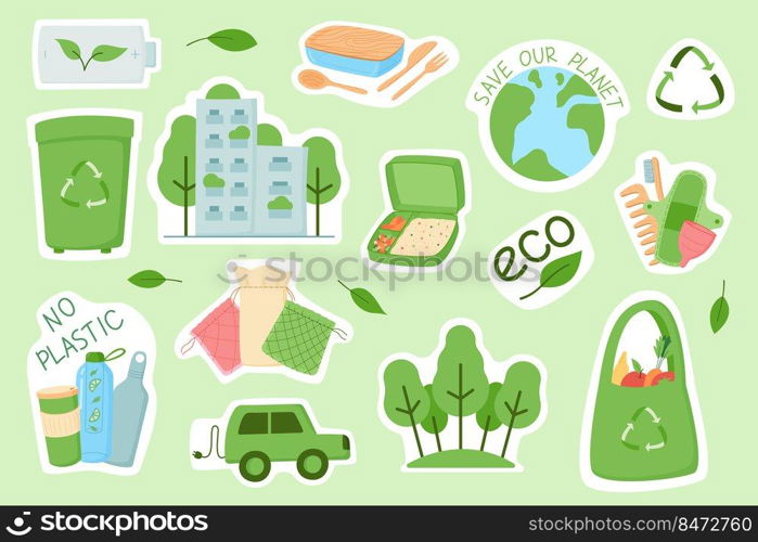 stickers. Cartoon zero waste shopping bag, green electricity, smart city. Vector emblems isolated set stickers illustrations ecologic. stickers. Cartoon zero waste shopping bag, green electricity, smart city. Vector emblems isolated set