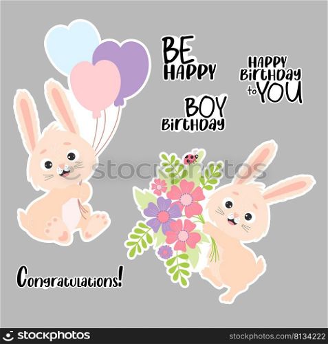 Stickers Cute bunnies and happy birthday phrases. Bunny with balloons and bouquet of flowers. Vector illustration. Isolated elements. Happy birthday greetings collection for design and decor