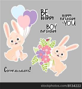 Stickers Cute bunnies and happy birthday phrases. Bunny with balloons and bouquet of flowers. Vector illustration. Isolated elements. Happy birthday greetings collection for design and decor