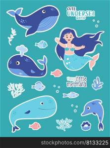 Stickers Cute little mermaid and sea animals, blue whale and dolphin, fish and seaweed pearls. Vector illustration. Isolated elements. Underwater world collection for design and decoration