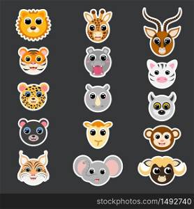 Stickers of cute african animal heads. Cartoon characters. Flat vector stock illustration. Cute heads of giraffe, gazelle, elephant, hippo, jaguar, lion, monkey, camel, rhinoceros, zebra, tiger