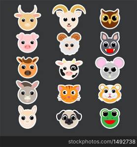 Stickers of cute domestic heads. Cartoon characters. Flat vector stock illustration. Cute heads of pig, yak, sheep, cow, goat, alpaca, dog, cat, horse, donkey, mouse, hamster