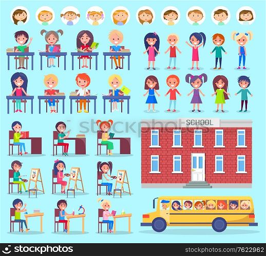 Stickers of pupils, portrait view of girls and boys, set of studying kids, children painting and researching. School and bus isolated on blue vector. Back to school concept. Girls and Boys Stickers, School and Bus Vector