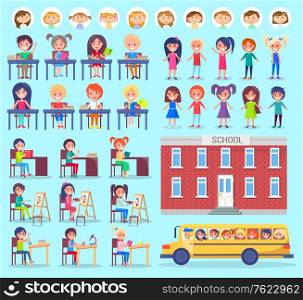 Stickers of pupils, portrait view of girls and boys, set of studying kids, children painting and researching. School and bus isolated on blue vector. Back to school concept. Girls and Boys Stickers, School and Bus Vector