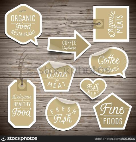 Stickers on rustic wood background for cafe and restaurant. Vector illustration.