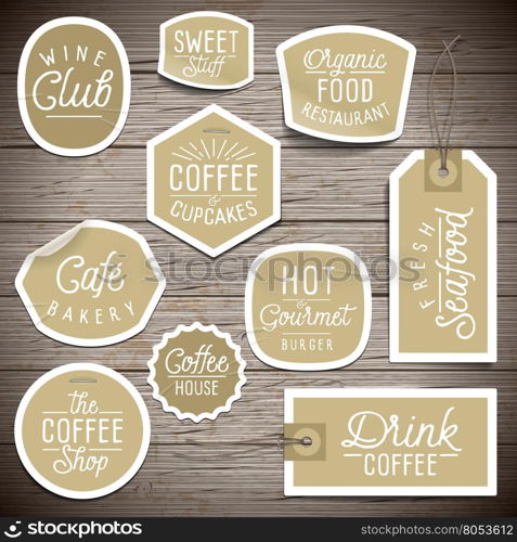 Stickers on rustic wood background for cafe and restaurant. Vector illustration.