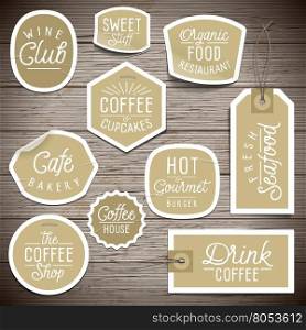 Stickers on rustic wood background for cafe and restaurant. Vector illustration.