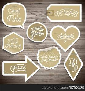 Stickers on rustic wood background. Vector illustration.
