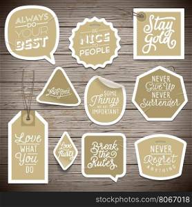 Stickers on rustic wood background. Vector illustration.
