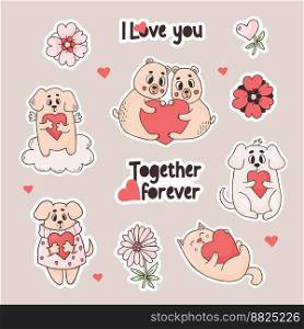 Stickers romantic animals. Cute couple bears, dogs and cats with heart, flowers and love slogan. Vector illustration in colored doodle style. Isolated funny animals for design, decor