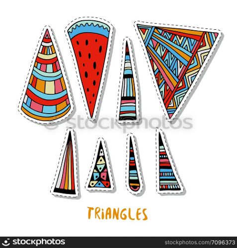 Stickers triangles set. Geometrical and ornamental doodle set for stationery design, patches or prints. Colorful triangles set. Geometrical and ornamental doodle set for stickers, patches or prints.