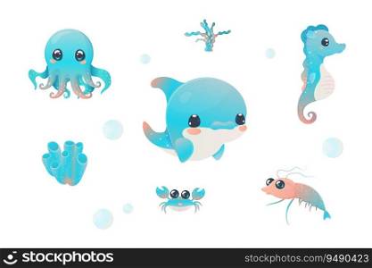  stickers vector illustration sea dwellers creatures illustration on white isolated background.  stickers vector illustration sea dwellers creatures illustration