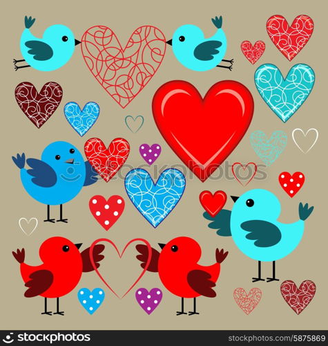 Stickers with birds and hearts. Scrapbook. Vector illustration