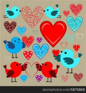 Stickers with birds and hearts. Scrapbook. Vector illustration